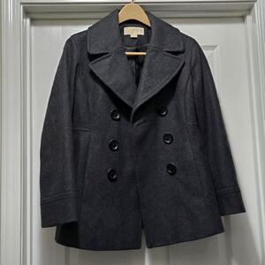 Michael Kors Women's Sz Medium Double Breasted‎ Wool Blend Lined Black Pea Coat